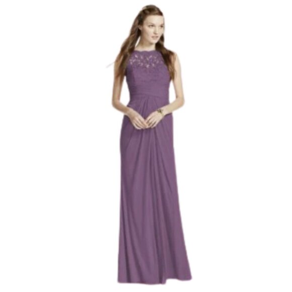 David's Bridal Sleeveless Mesh with Corded Lace Formal Maxi Dress In Plum Sz 8 - Picture 1 of 12